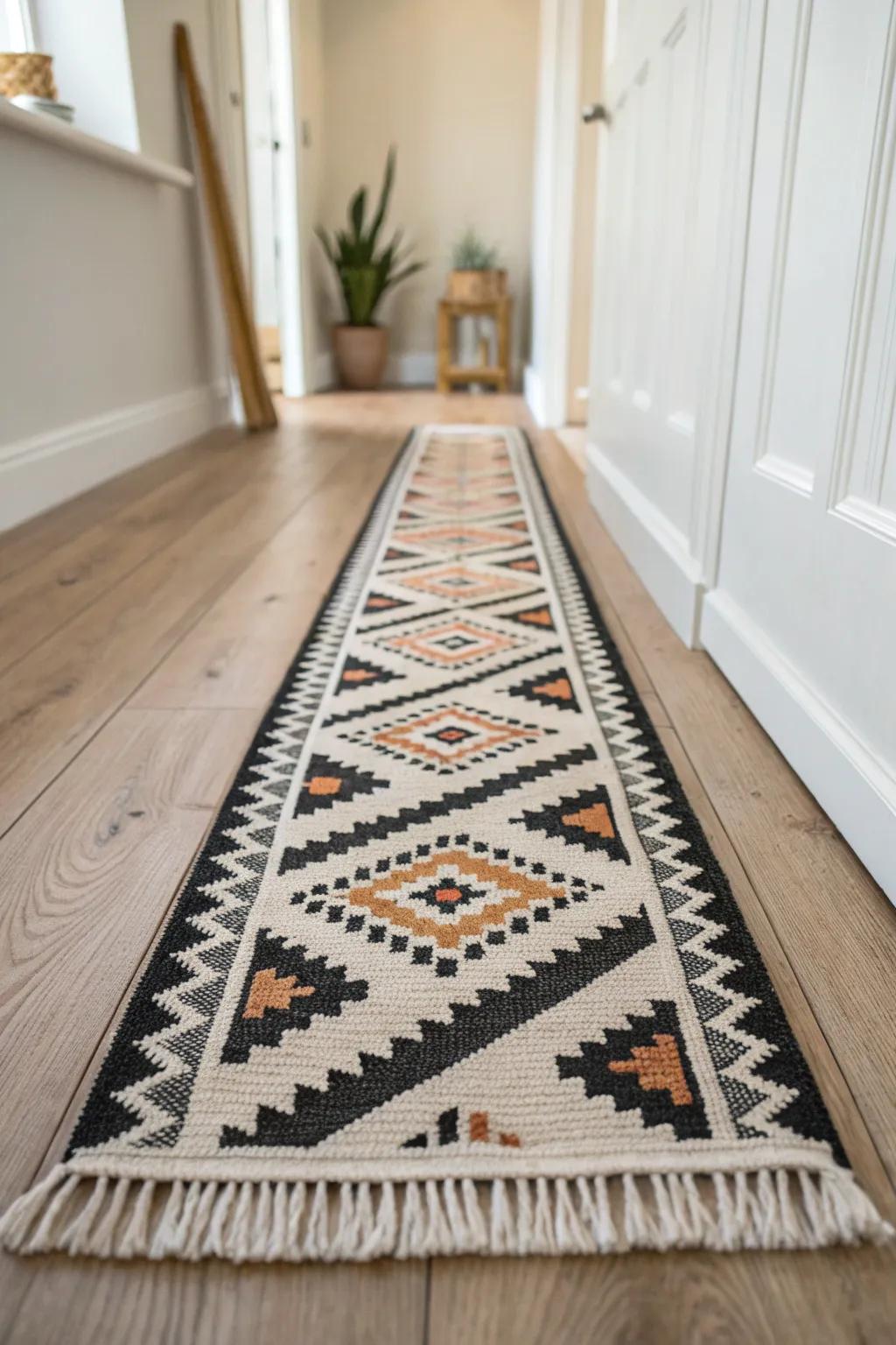 Make a small hallway feel curated with a high-contrast runner that turns the floor into art.