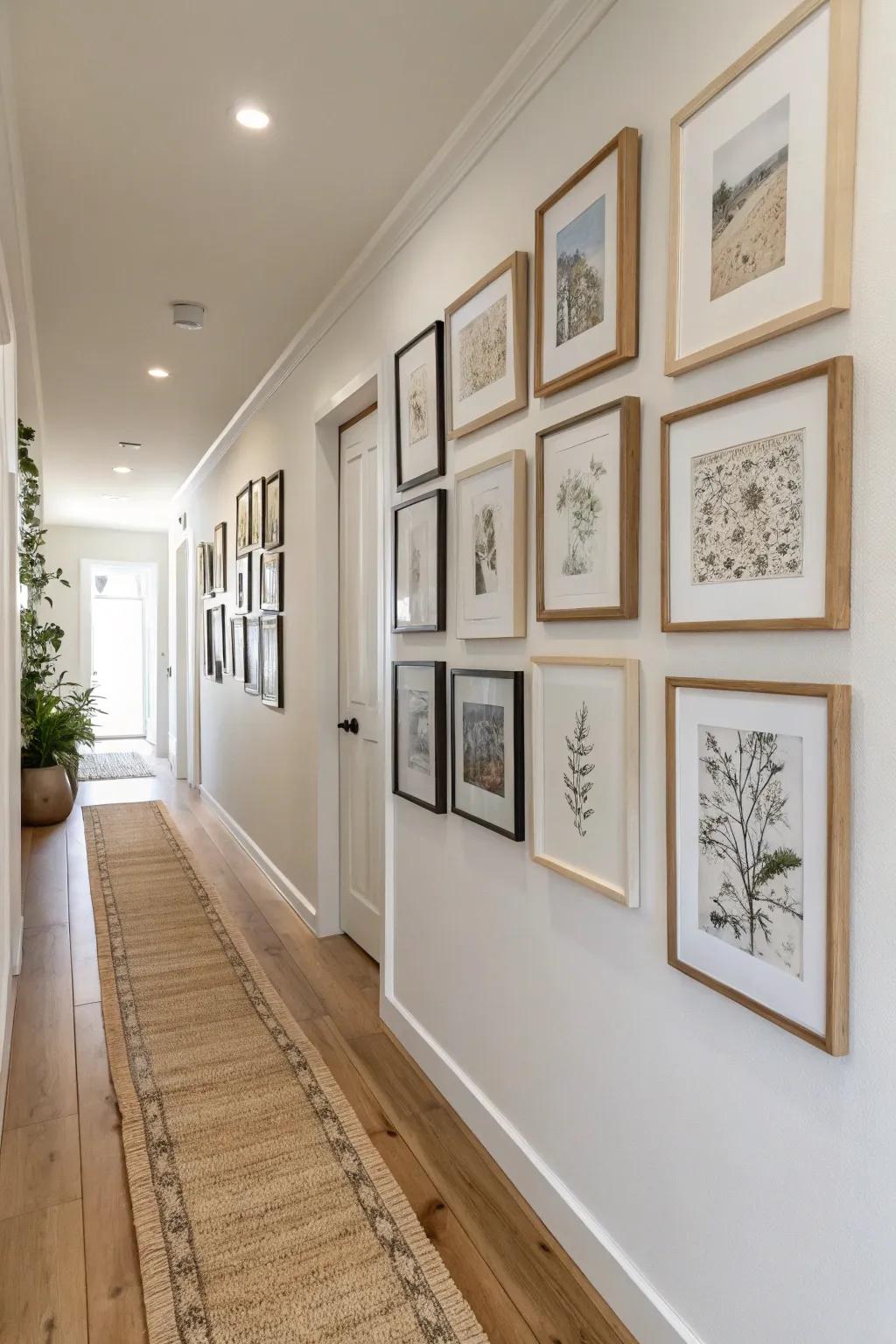 Floor-to-ceiling frame stack: a small-hallway trick that adds height and effortless gallery charm.