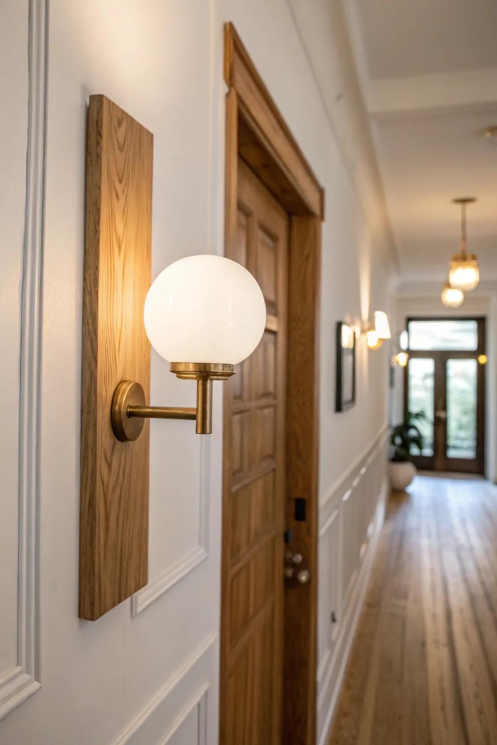 One warm wall sconce that spreads light sideways, making a narrow hallway feel wider.
