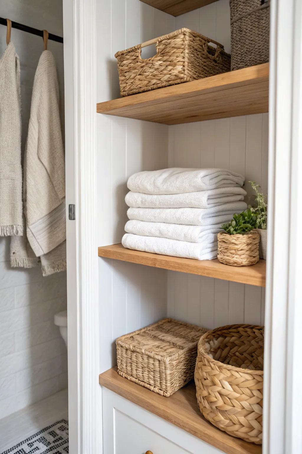 A simple shelf riser adds a new level—instantly doubling vertical storage in a hallway linen closet.