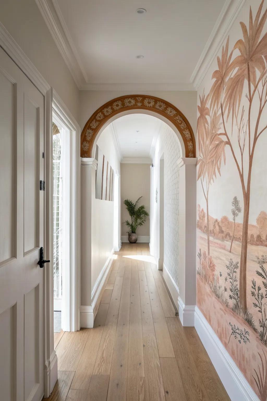 Paint an archway illusion to give a plain hallway instant charm—rental-friendly and chic.