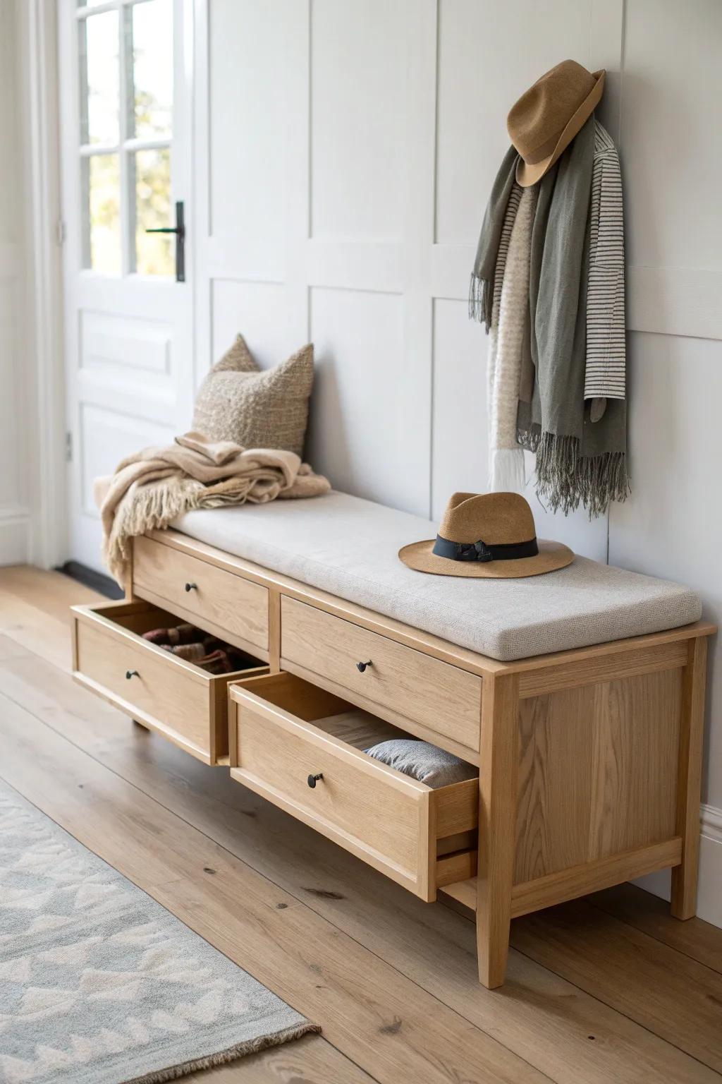 Deep-drawer bench nook: hide scarves and clutter for a calmer, cleaner hallway.