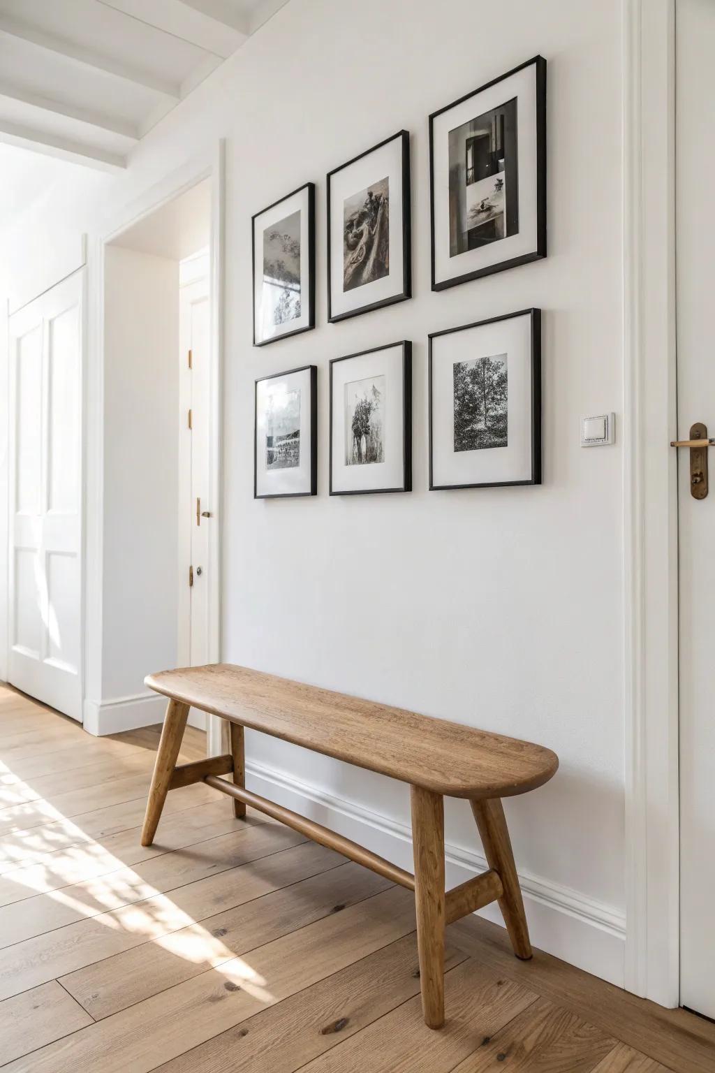A slim bench instantly grounds your hallway photo wall—minimal, warm, and welcoming.