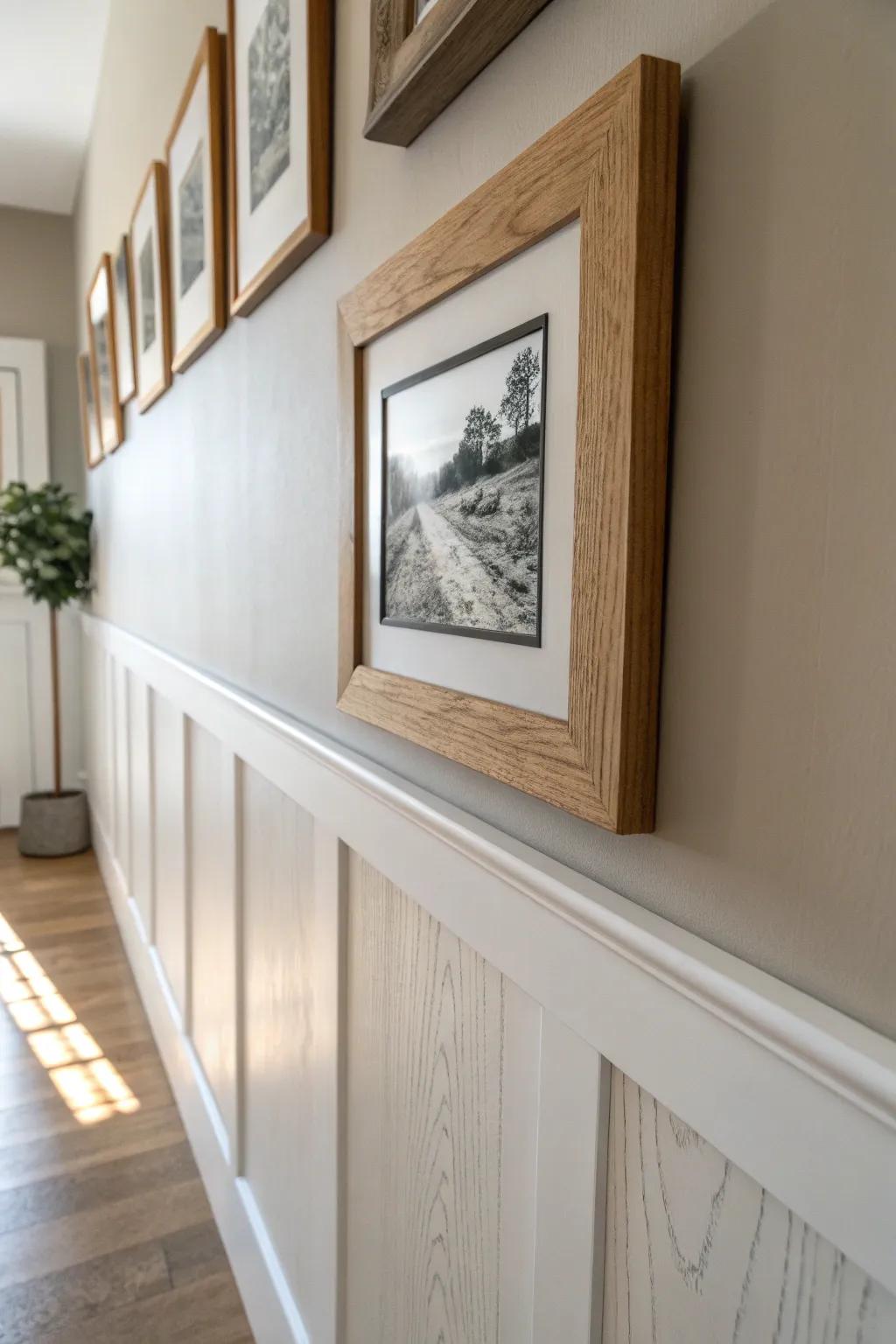 One airy frame above crisp wainscoting—an effortless gallery zone for narrow hallways.