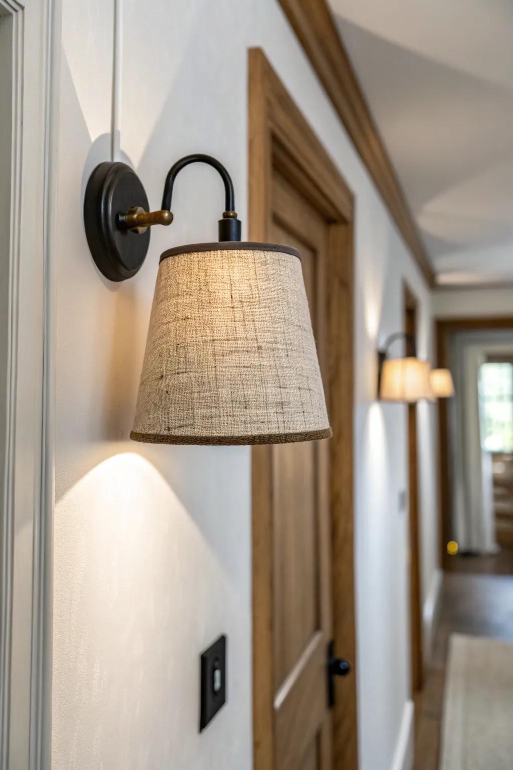 Linen-shaded sconce casts a soft, flattering glow—perfect for cozy bedroom-bound hallways.