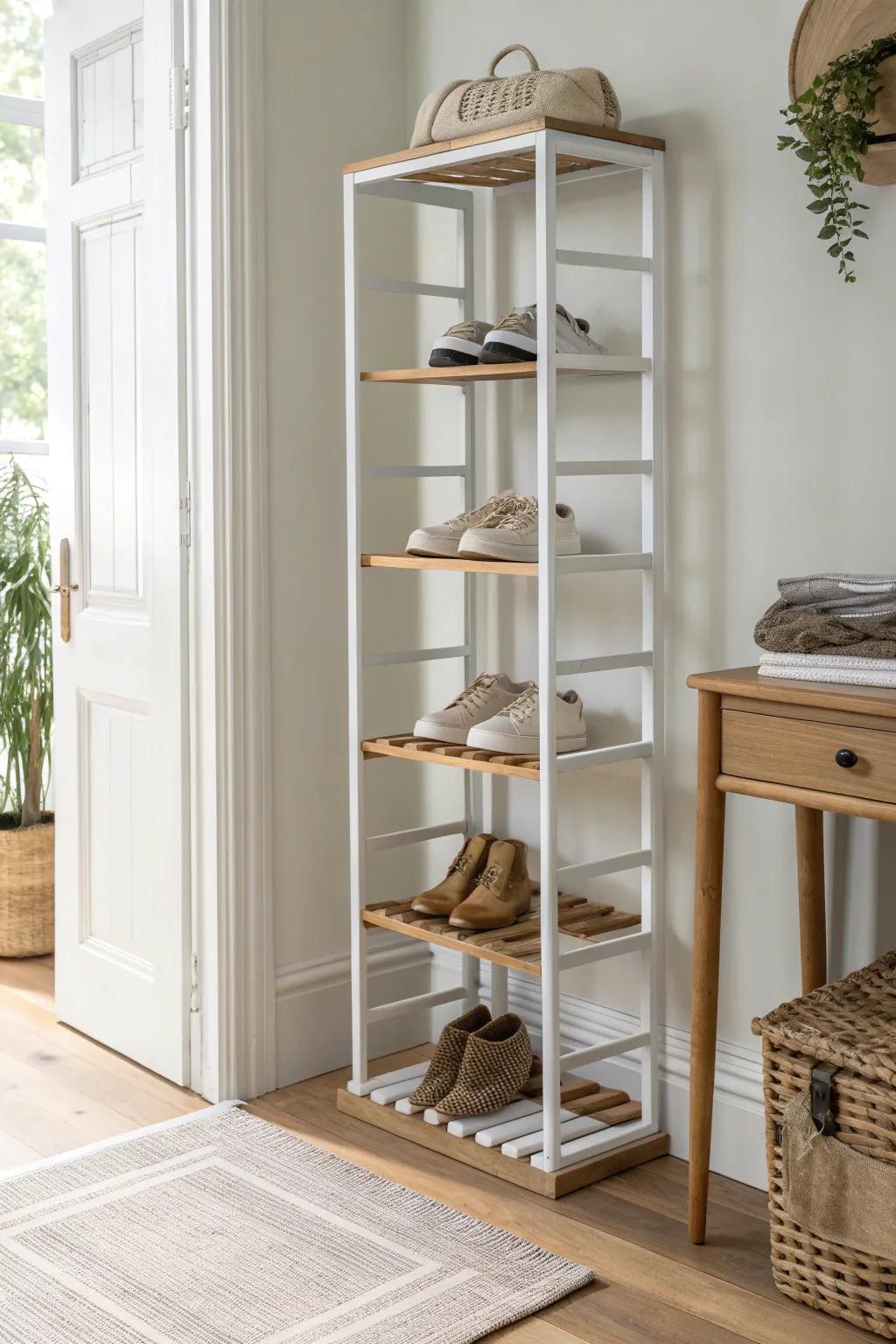 Go vertical: a slim tower rack turns a tight hallway corner into chic shoe storage.
