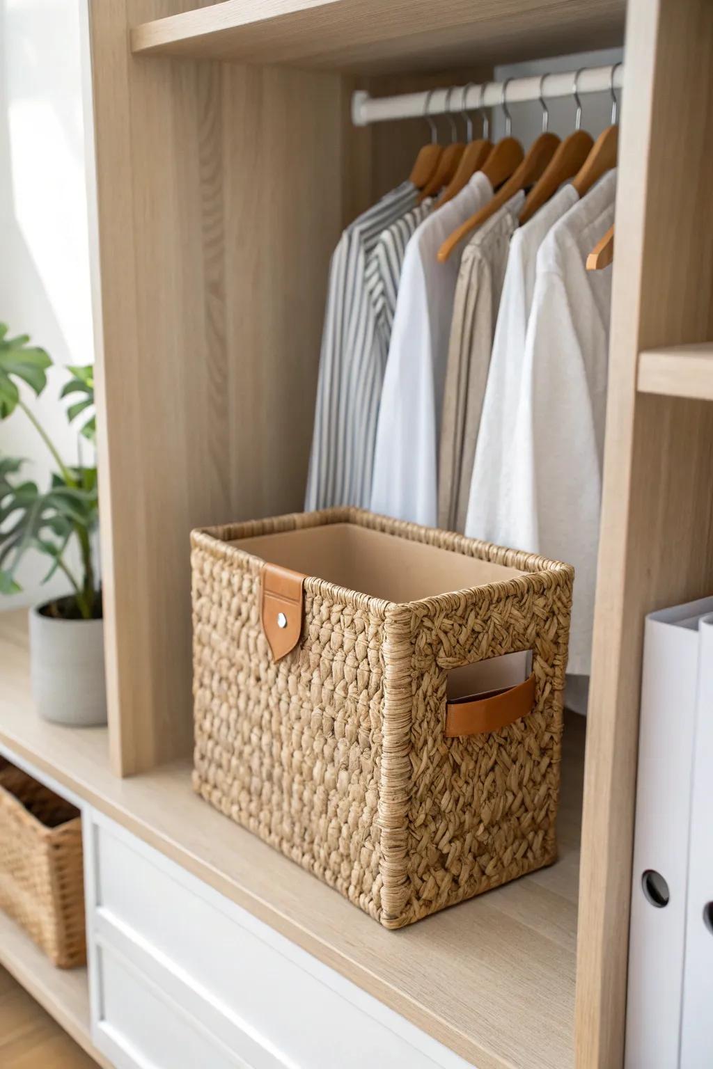 Keep empty hangers tidy—stand them upright in a sleek magazine file on the closet shelf.
