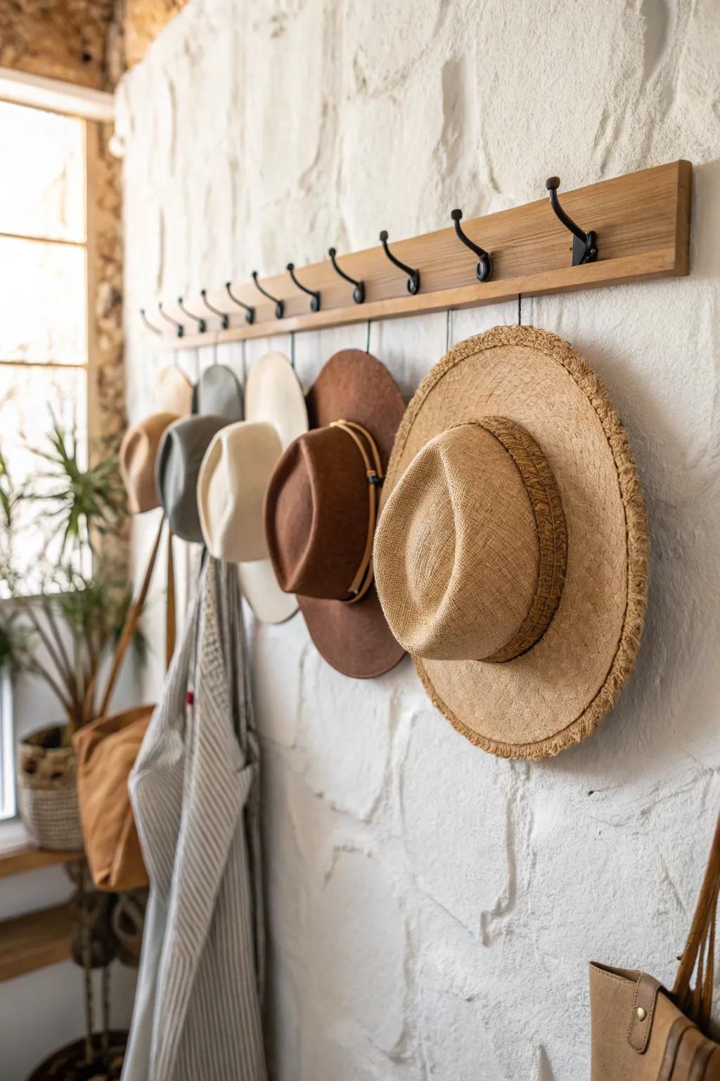 Ombre hat wall from creamy neutrals to rich browns—small-space styling that feels taller.