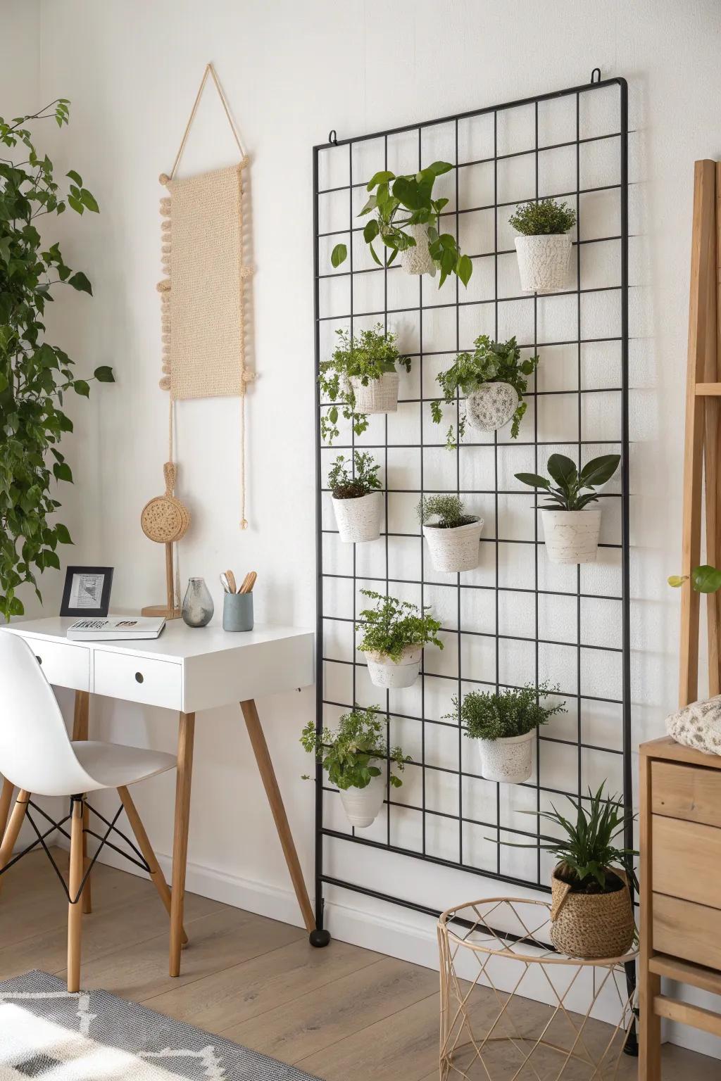 A tidy wall lattice grid turns tiny planters into a chic vertical garden—perfect above a desk.