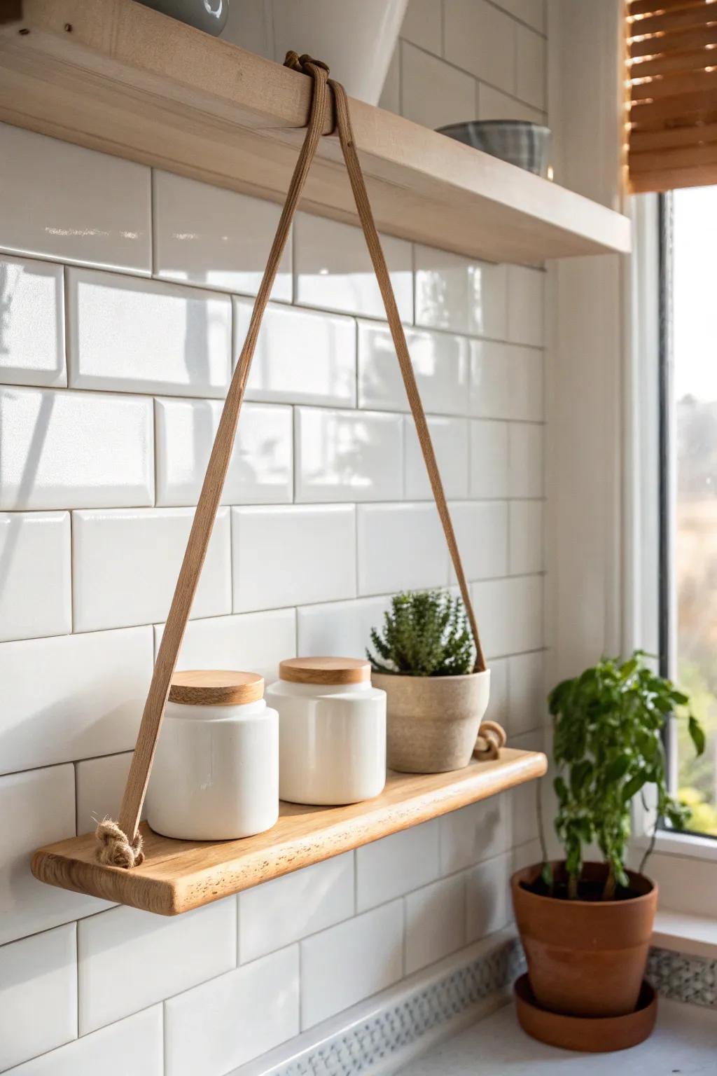 Clear your counters with a minimalist hanging shelf—matching jars + one plant for calm order.