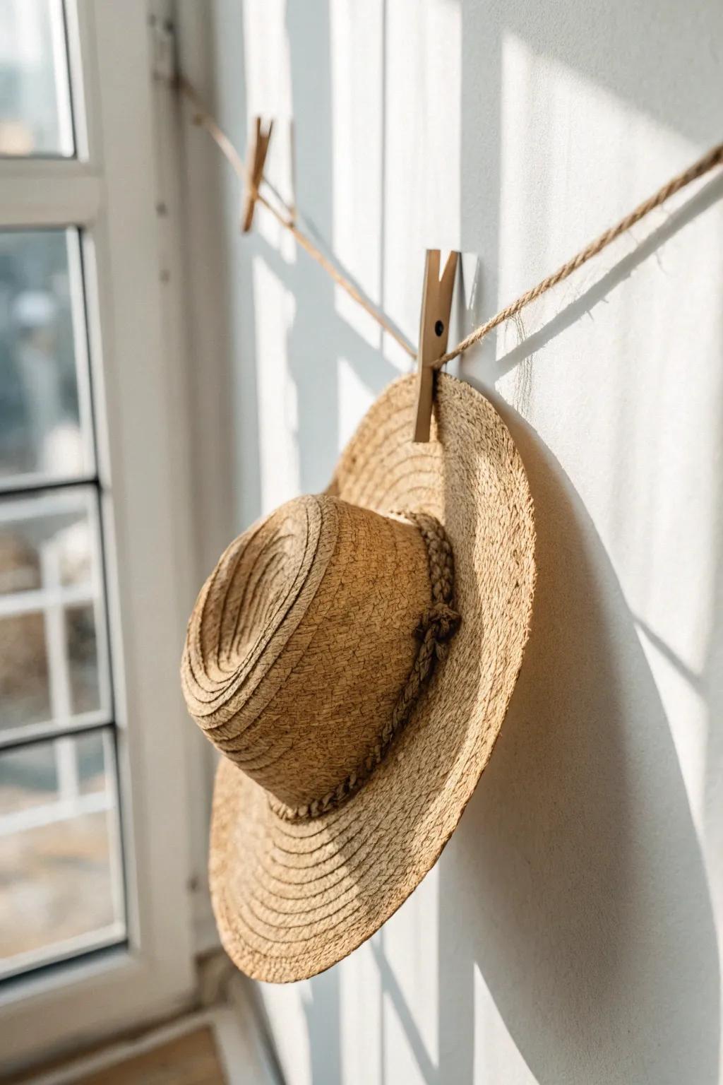A relaxed hat wall: jute twine + wooden clips for an easy, seasonal swap-in display.