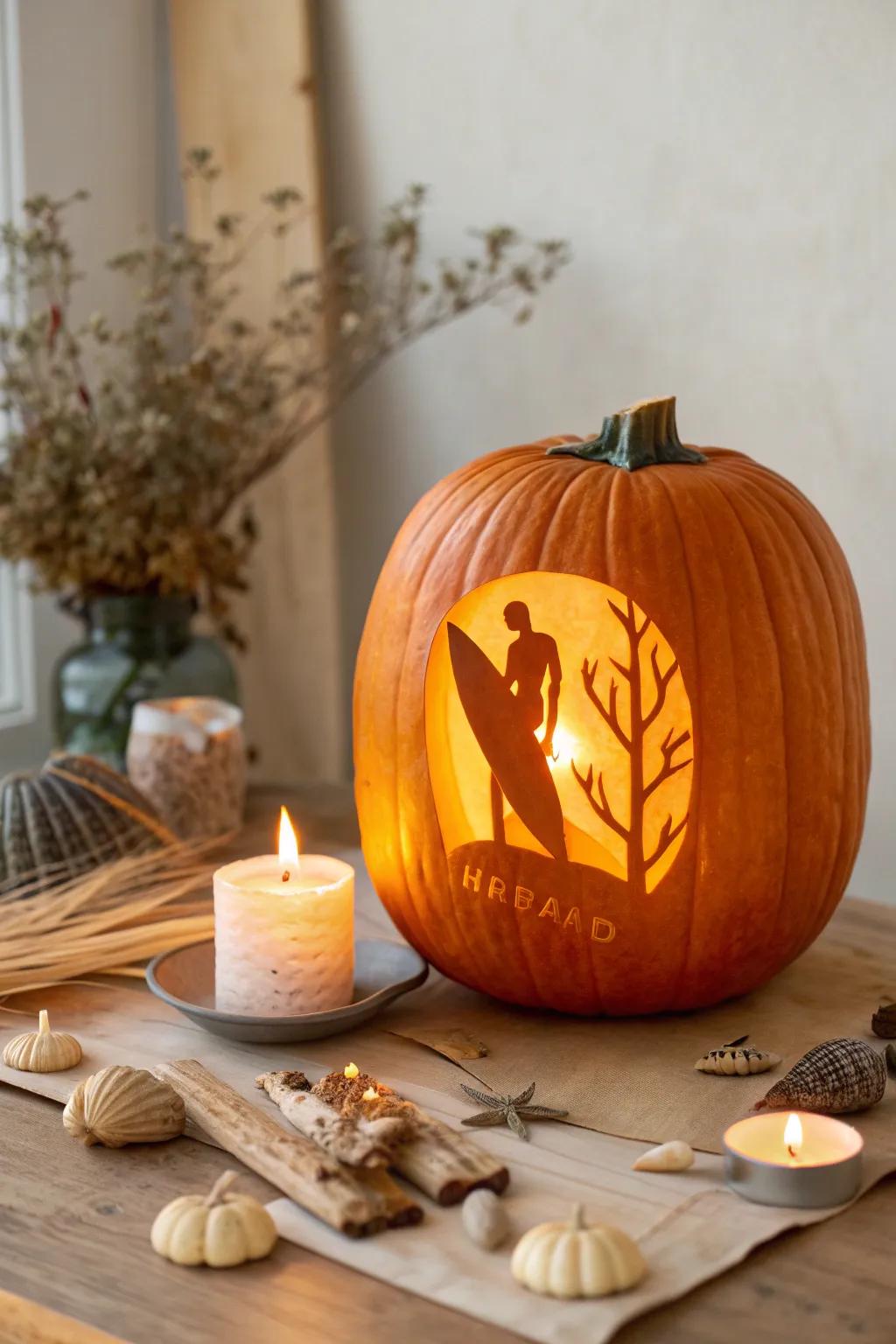 Ride the waves of creativity with this surfboard silhouette pumpkin carving! 🏄‍♀️🌊 #HawaiianVibes #MinimalistDecor