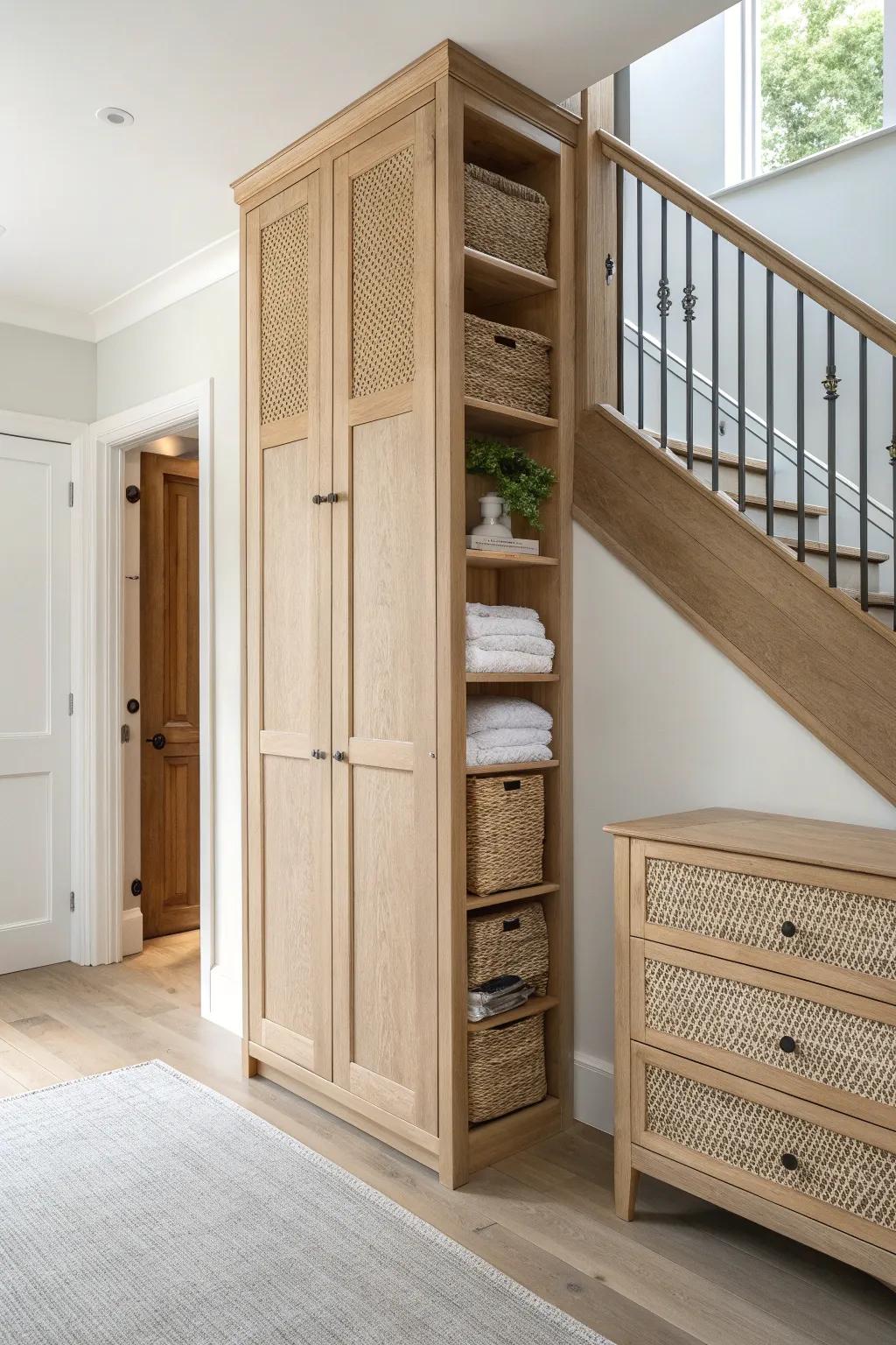 A linen-tower “cabinet” that’s really a secret door—seamless, serene, and space-smart.
