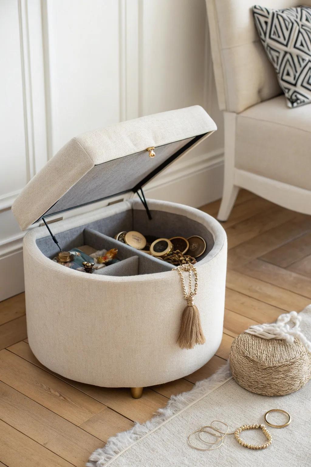 A chic linen ottoman hides a velvet jewelry tray—perfect for chunky bracelets in small spaces.