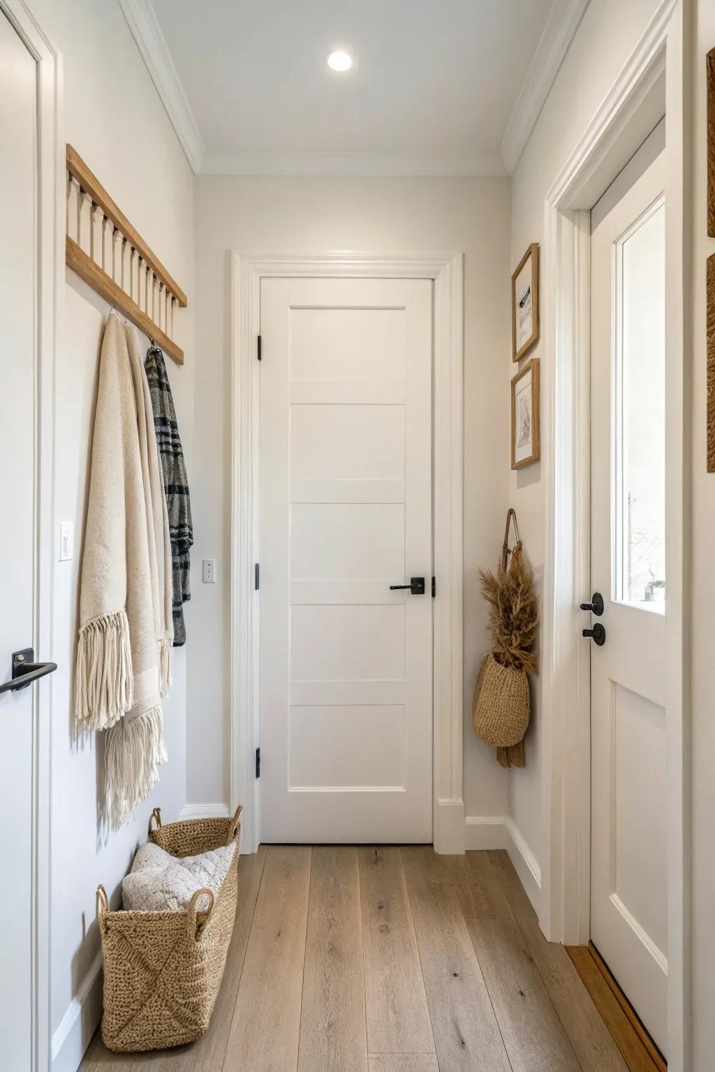 Paint the utility door to match the wall—your furnace closet disappears in plain sight.