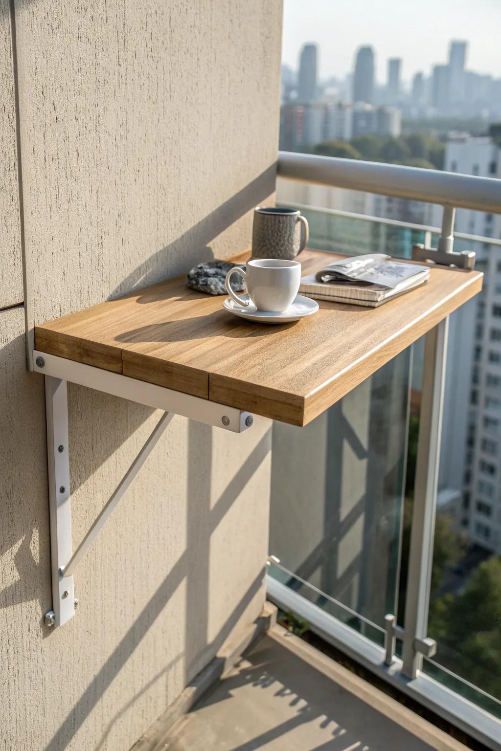 A sleek fold-down balcony table that turns a narrow high-rise space into a cozy café nook.