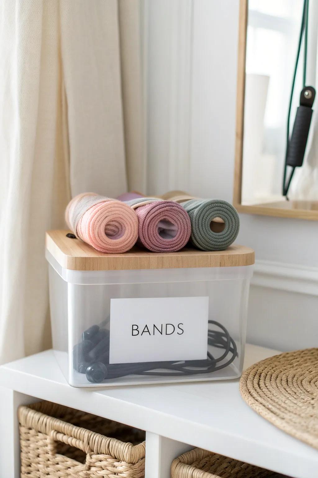 Stop the mystery pile—use clear, labeled bins to keep bands and grips grab-and-go.