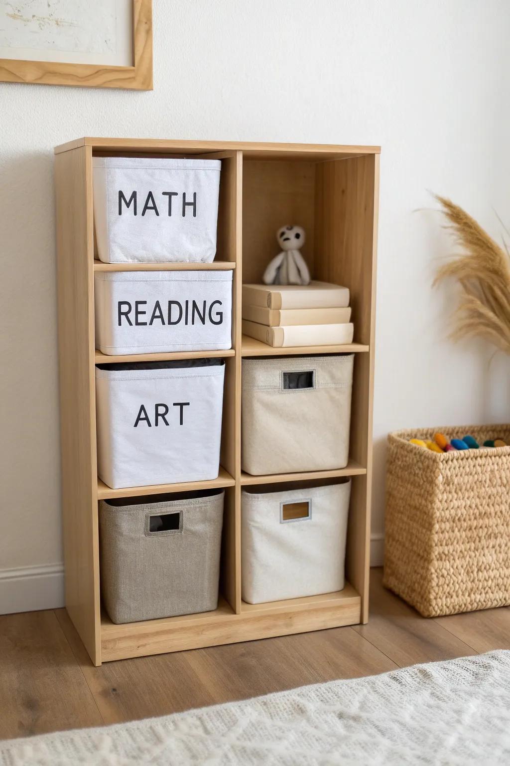 Calm homeschool corner: cube storage with labeled linen bins for quick, no-fuss clean-up.