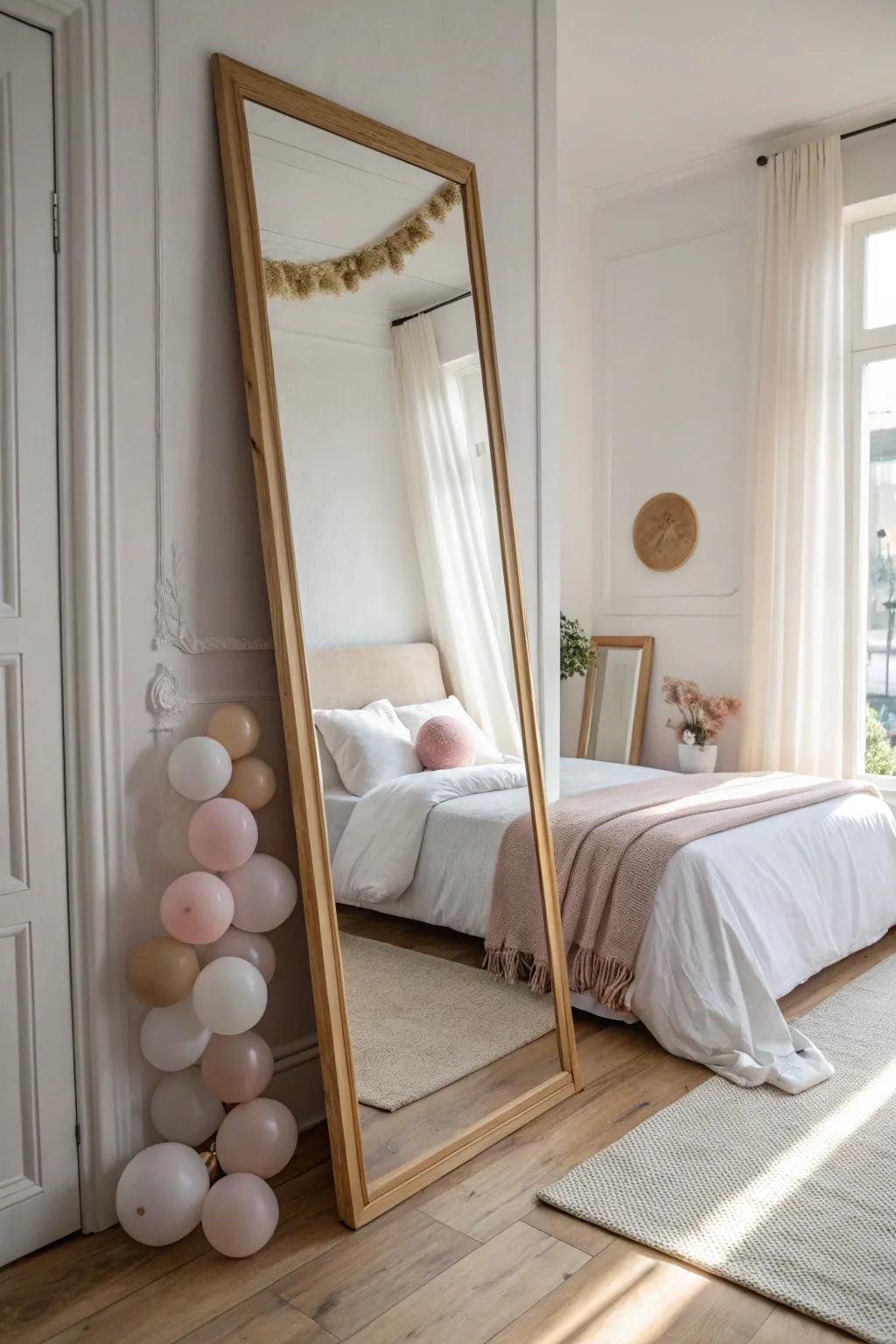 Lean a full-length mirror to reflect the bed—tiny hotel rooms instantly look bigger and glam.
