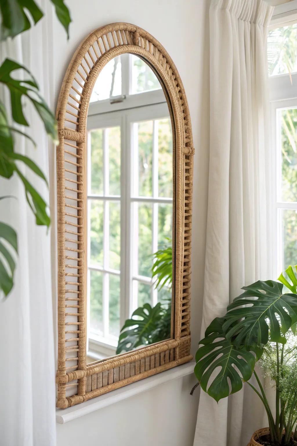 A rattan mirror that bounces sunlight and leafy views—instantly making a tiny sunroom feel bigger.