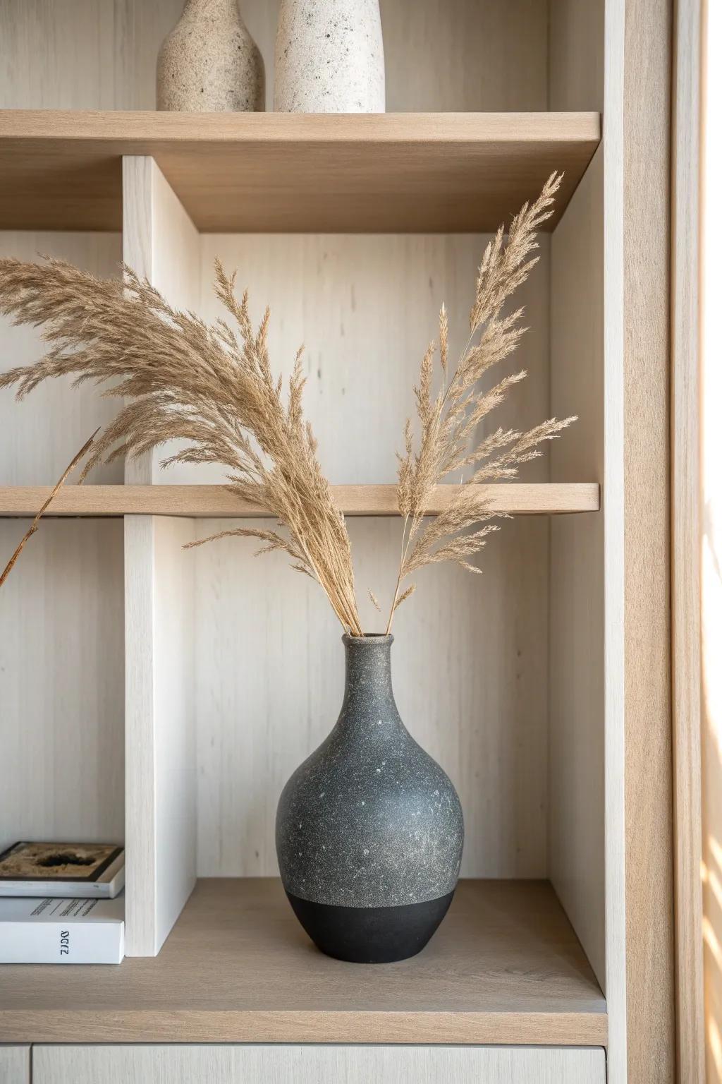 One sculptural vase + plenty of empty shelf space—instant calm, curated built-in look.