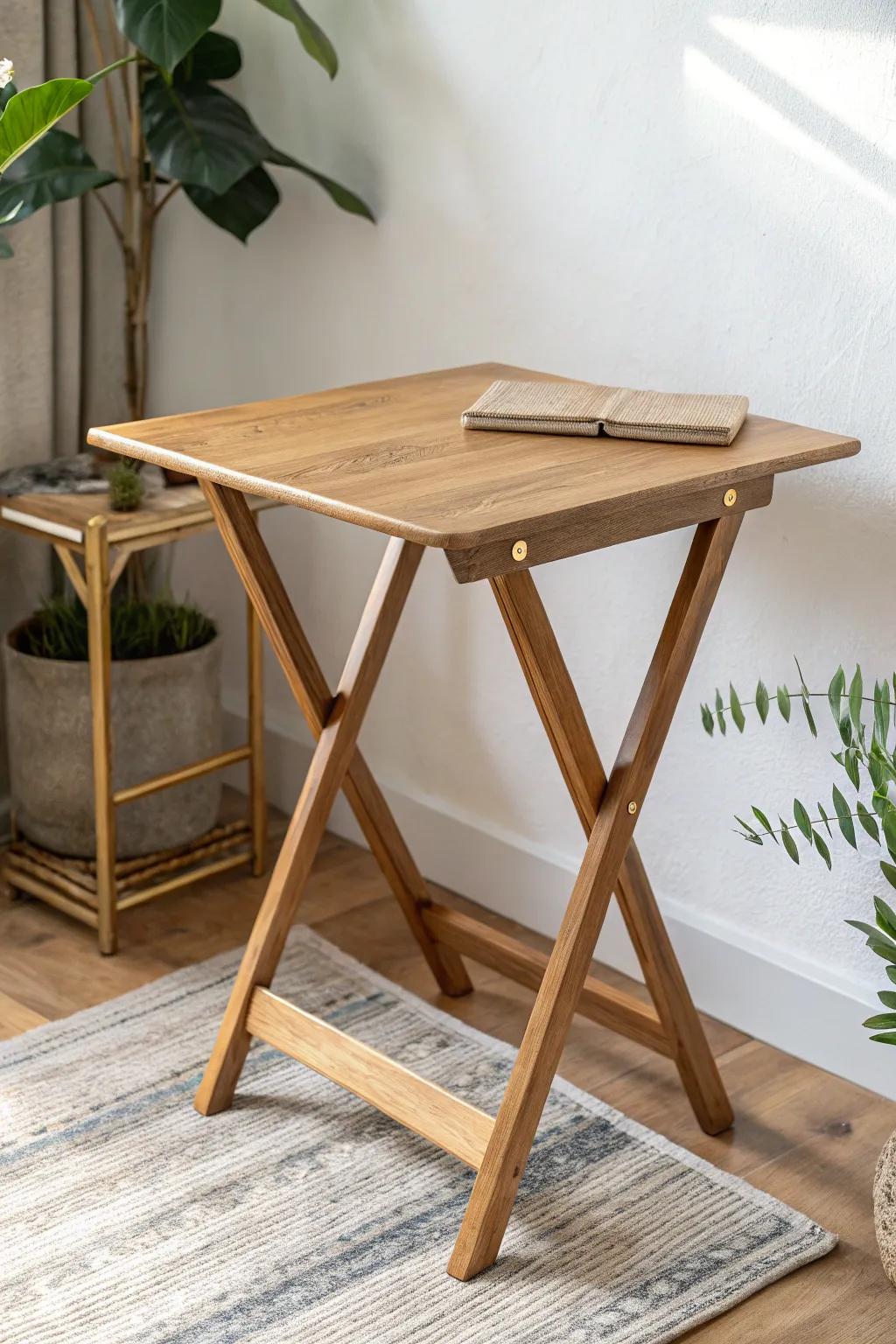 Brass corner guards turn a basic folding table into a chic, crafted accent for small spaces.