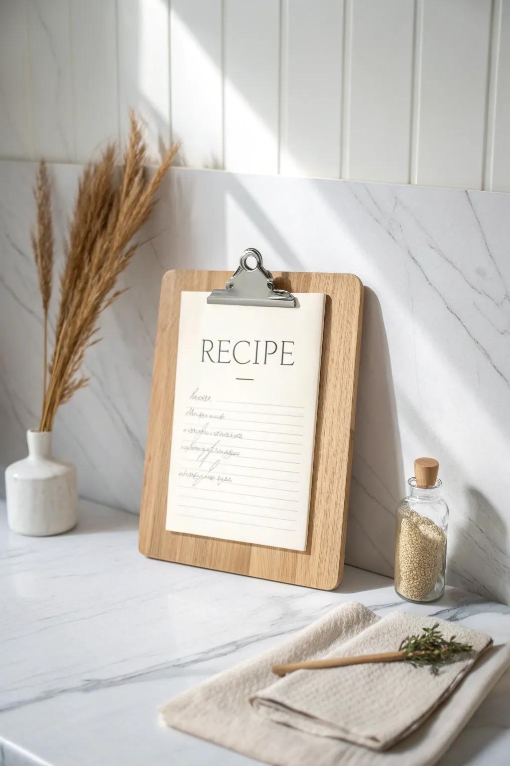 Elevate your kitchen style with a chic recipe display. Keep it simple, natural, and effortlessly elegant.