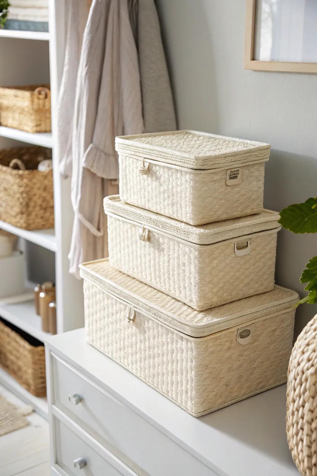 Matching woven bins turn deep closet shelves into calm, tidy storage—simple, feminine, and chic.