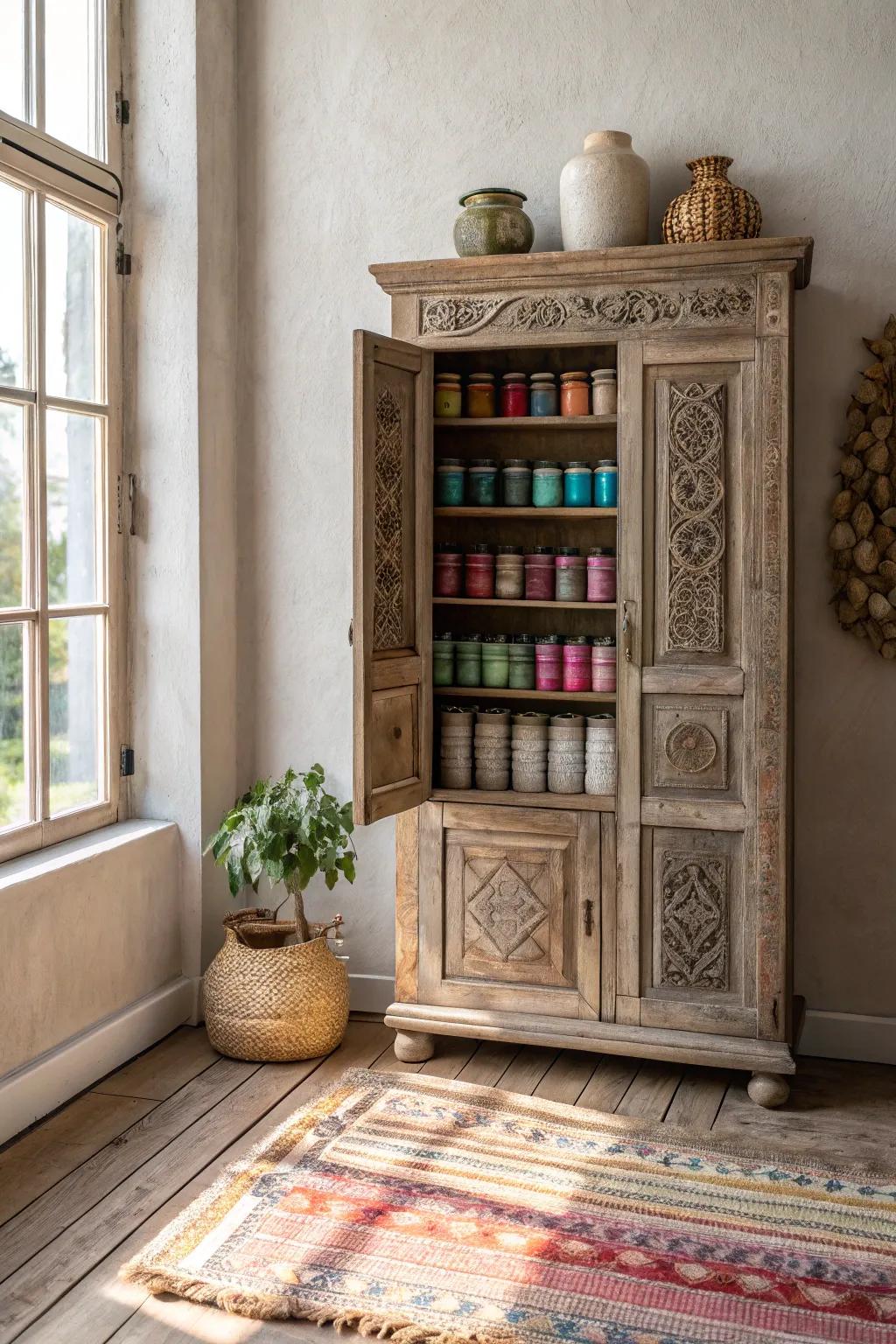 Discover the charm of vintage storage: Organize your clay collection with style and grace.