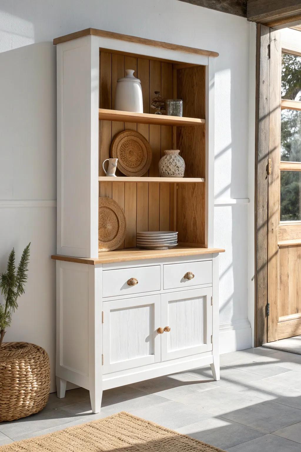 Simple wooden feet lift an old hutch, adding airy space and modern Scandinavian charm.