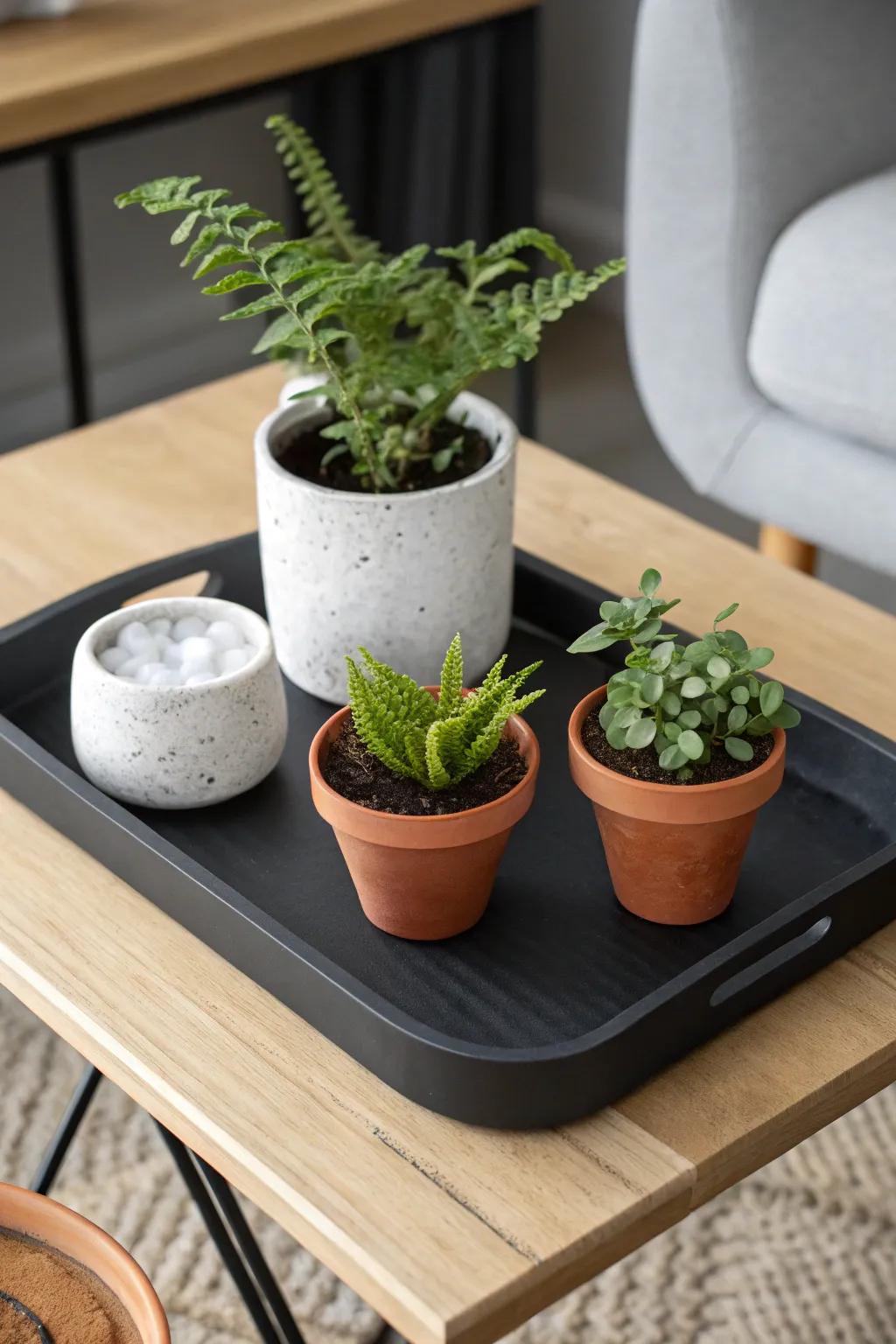A waterproof tray turns a few tiny pots into one lush, tidy plant island—no water rings.