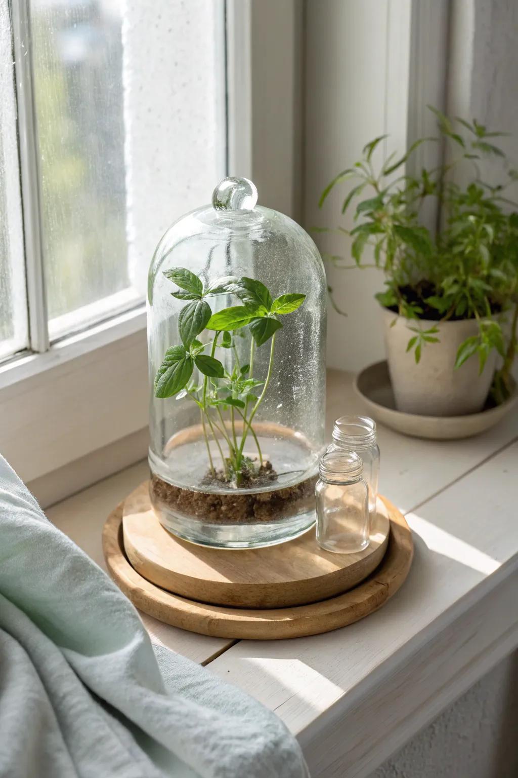 Glass canning jar greenhouse: a chic, humidity-boosting dome for easy indoor propagation.
