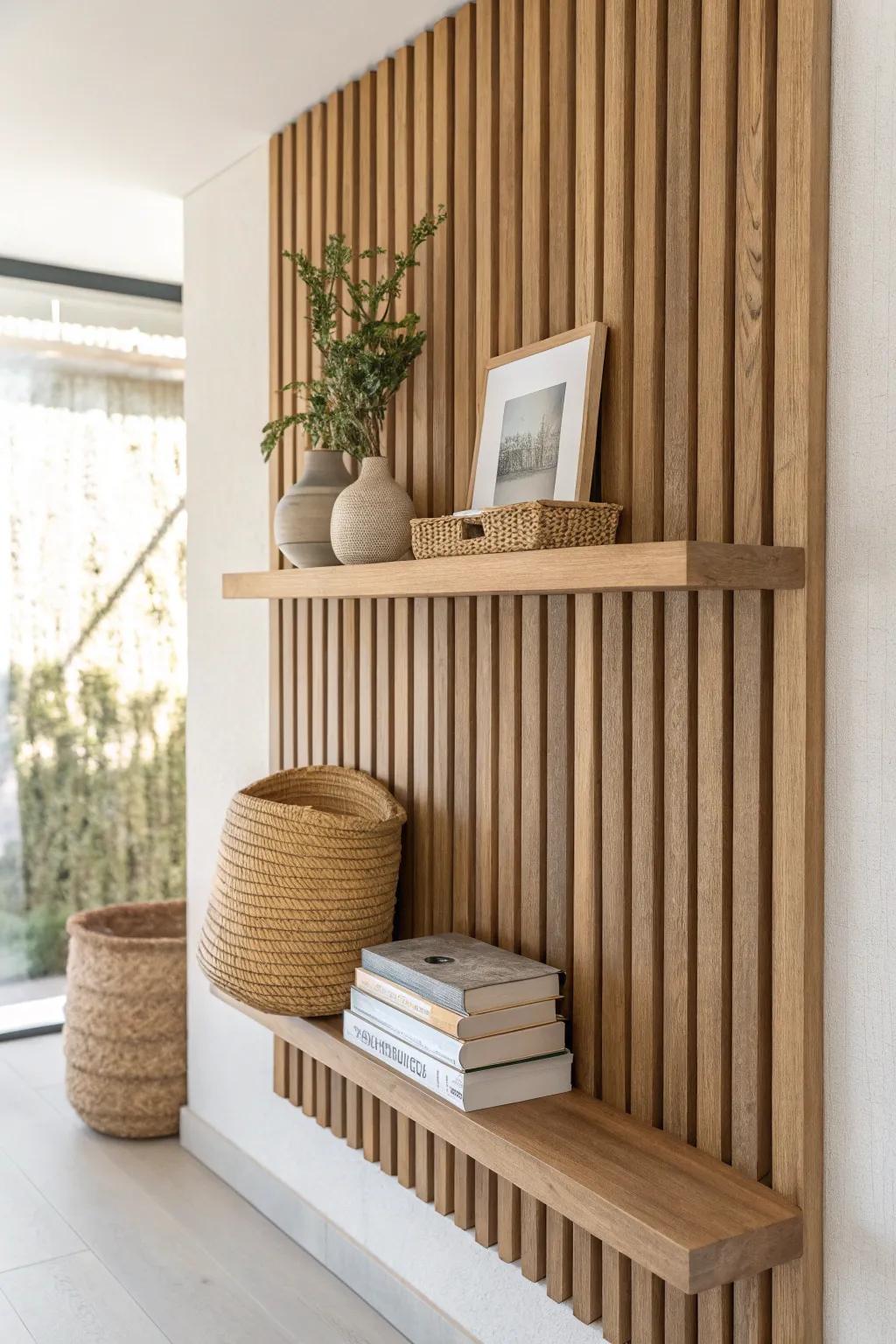 Seamless floating shelf built into oak slats—pretty storage without adding bulky furniture.