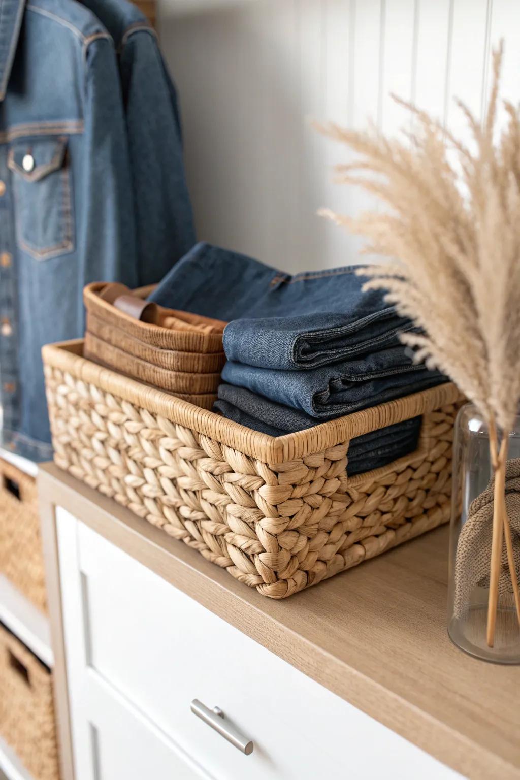 Turn a woven shelf basket into a pull‑out denim drawer—grab your jeans in one smooth slide.