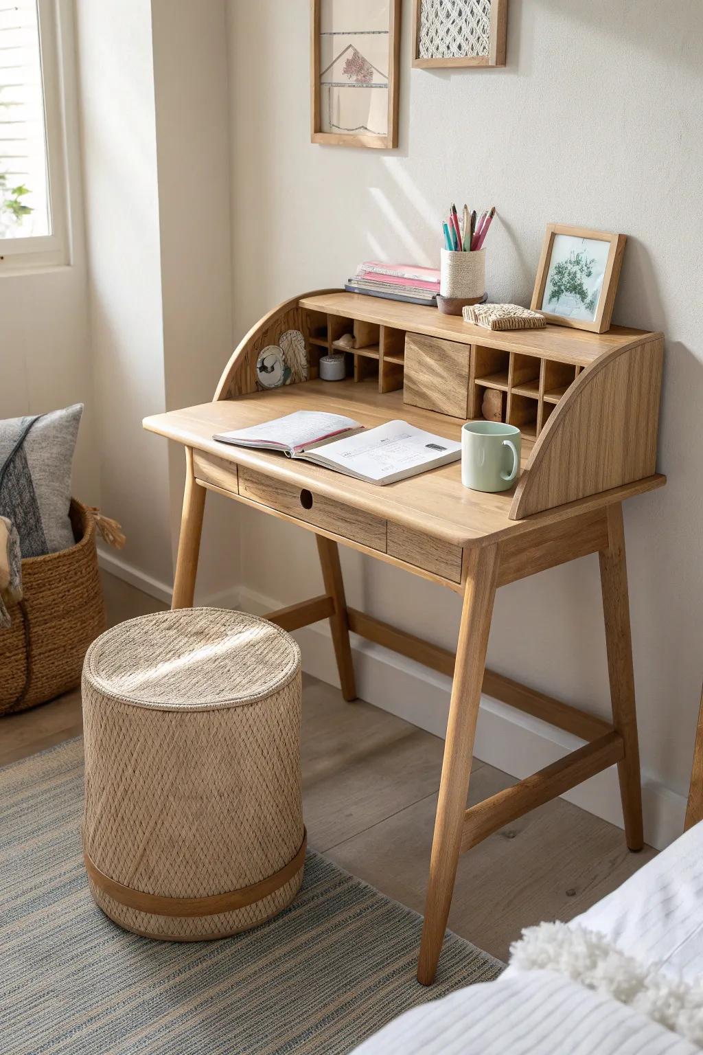 A slim oak micro desk nook that creates a calm homework zone—even in the tiniest bedroom.