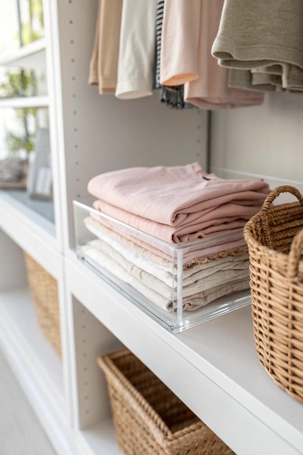 Clear shelf dividers keep folded kids clothes neat—each stack gets its own tidy fence.