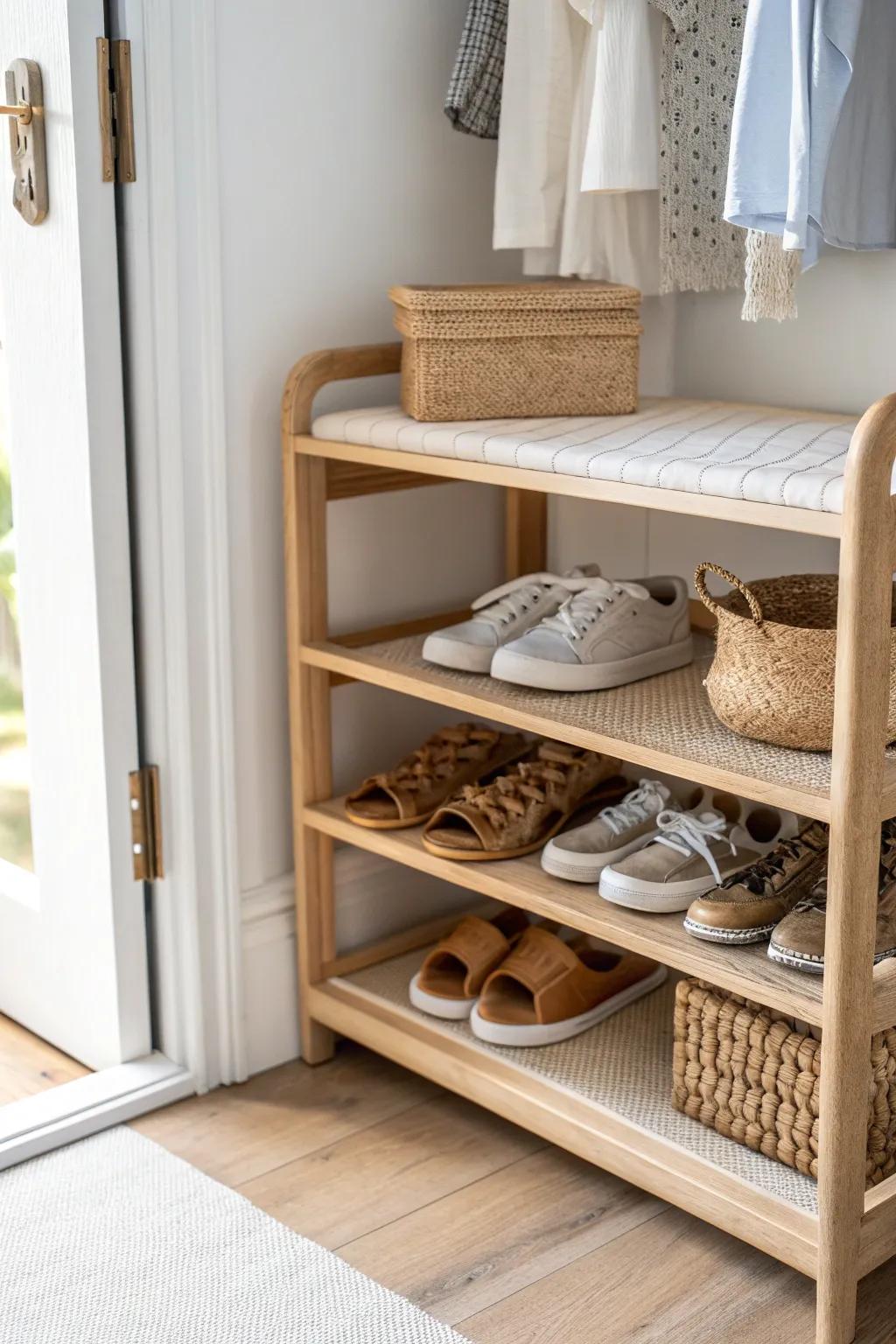 A low, dedicated shoe shelf keeps favorite pairs tidy and the closet floor clutter-free.