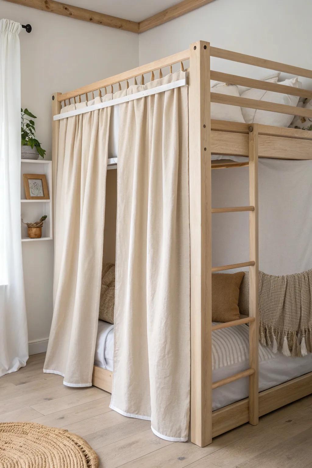 A linen curtain under the loft bed makes a dreamy nook divider for sleep and play zones.