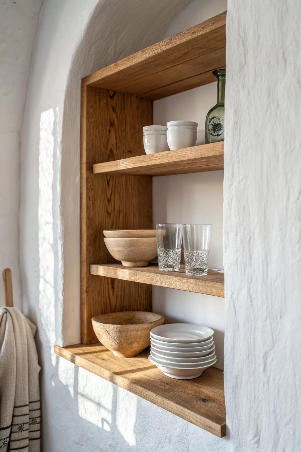 Open shelving keeps a kitchen alcove light and styled—perfect for everyday bowls and glasses.