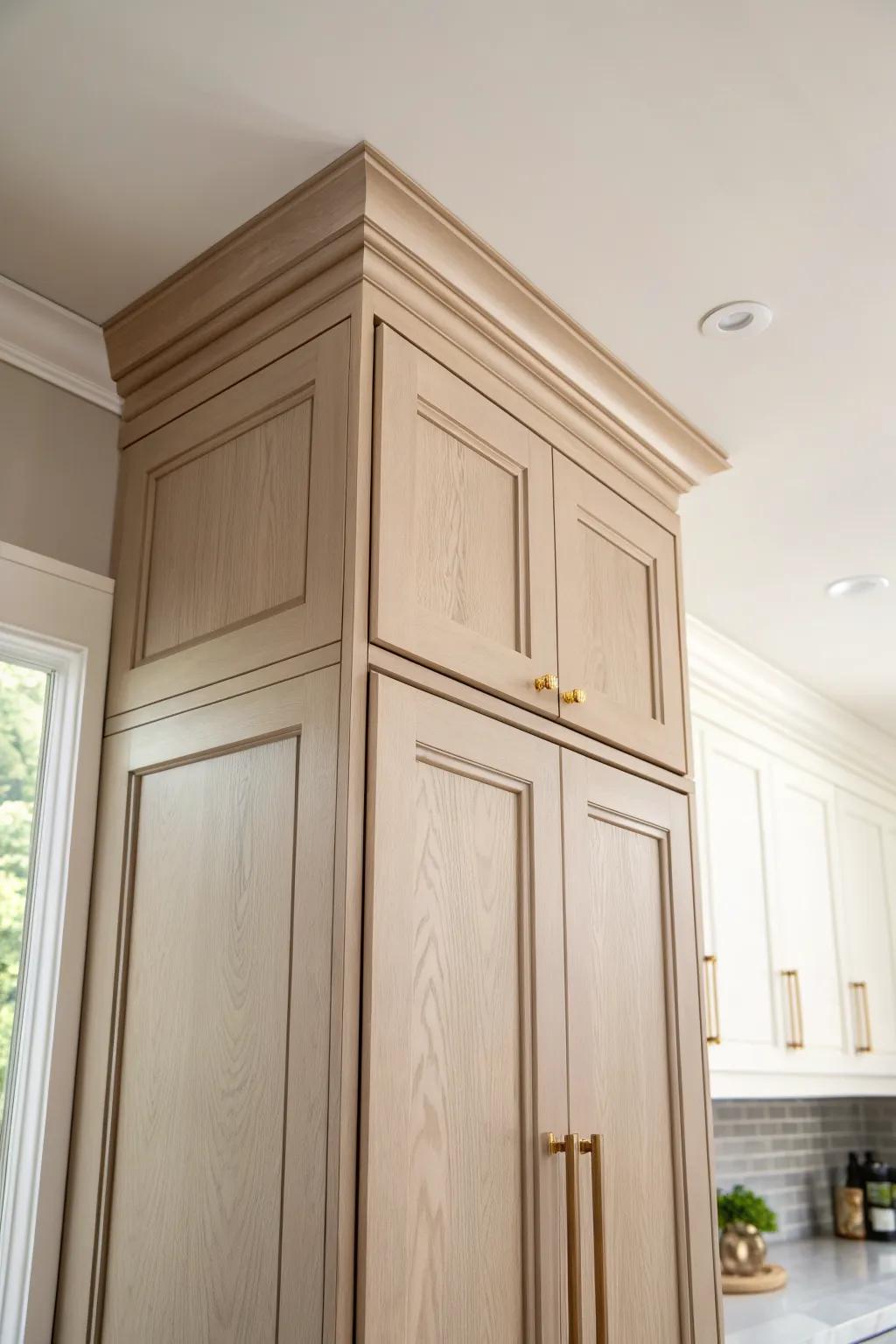 Two-tone ceiling-height cabinets: a lighter top row lifts the eye and keeps it airy.