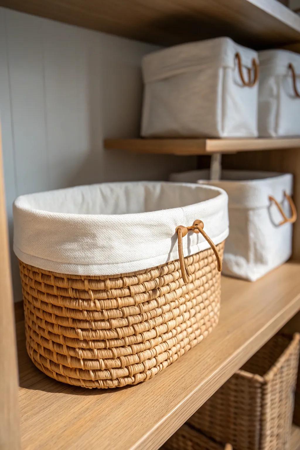 Hide snack clutter in a matching bin—calm shelves, easy categories, and a cozy pantry look.