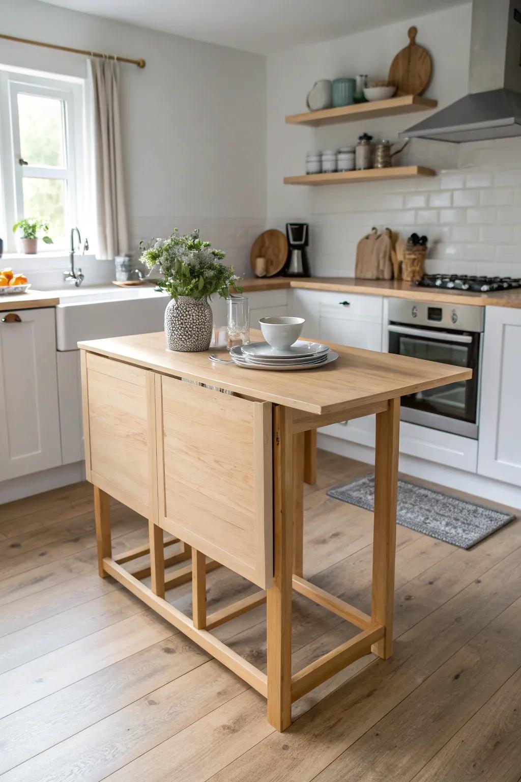 Gateleg table aligned to island height—instant counter extension, folds away for space.
