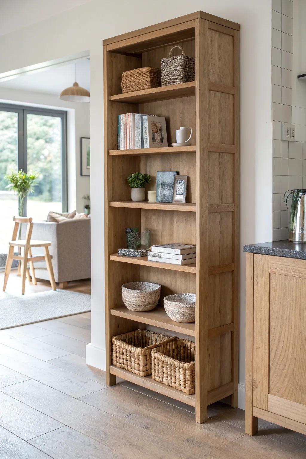 Light oak bookcase divider with cookbooks and woven baskets for an airy, intentional kitchen zone.