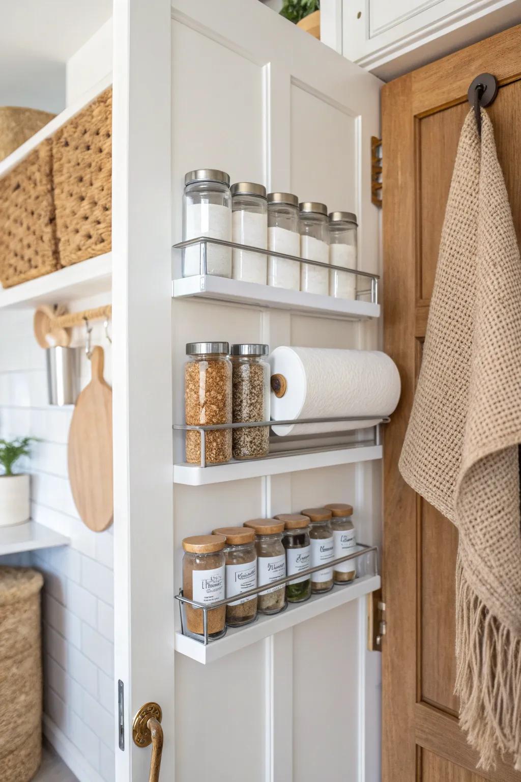 Use the pantry door: a slim rack keeps spices and wraps organized without stealing shelf space.