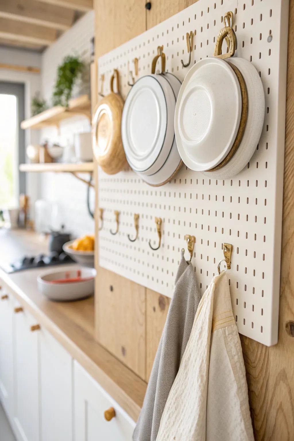 No more lid avalanches—pegboard pot-lid parking by size for calm, tidy cookware storage.