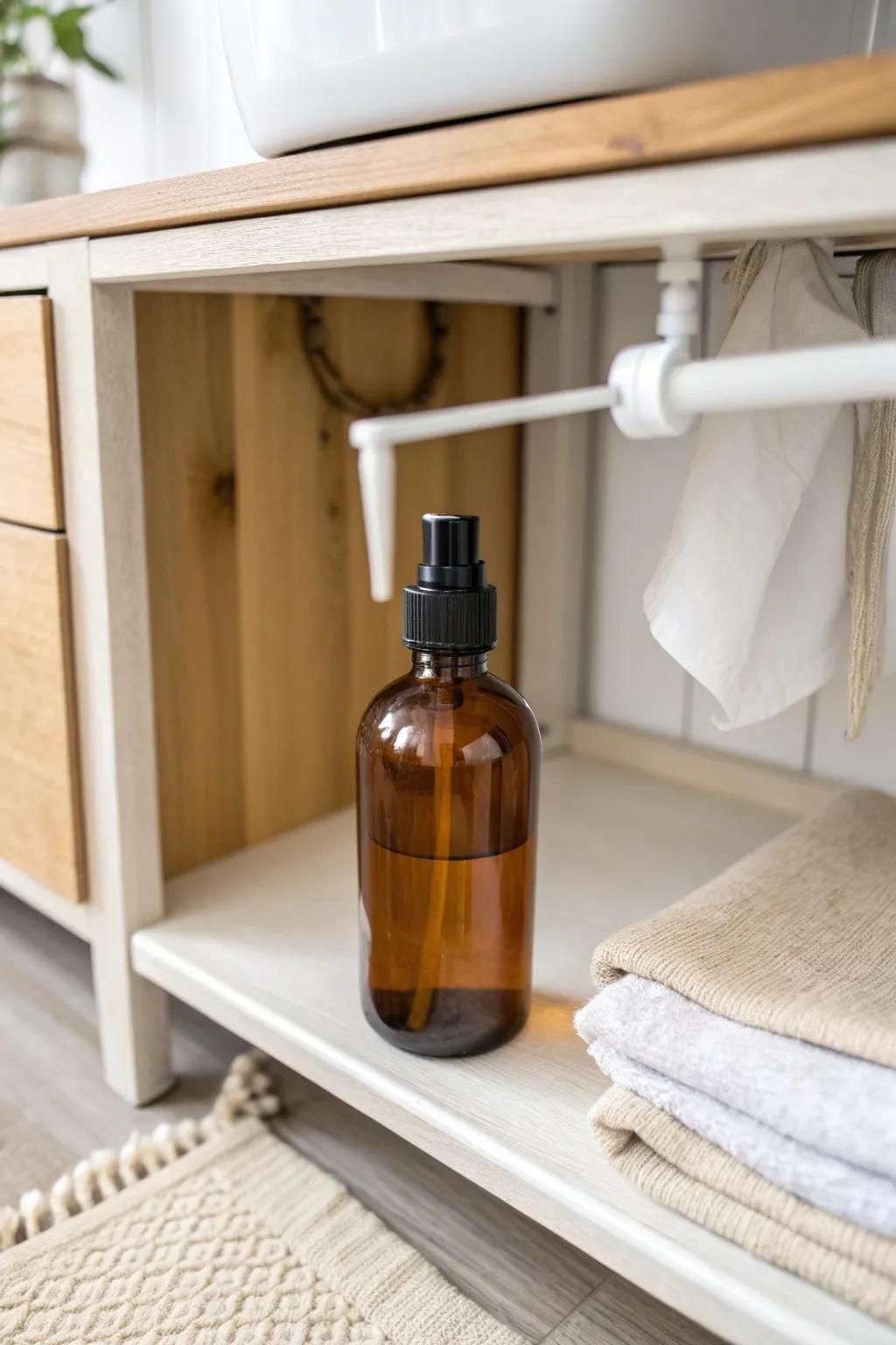 Free up cabinet space: hang your spray bottle from a simple under-sink tension rod.