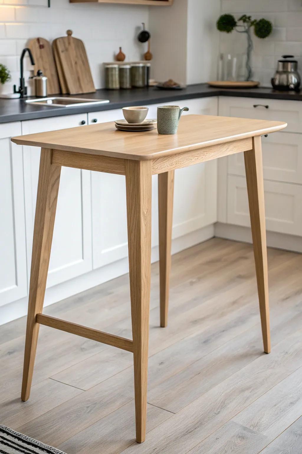 Slim bar-height table brings an island feel to an L-shaped kitchen—open, airy, and social.