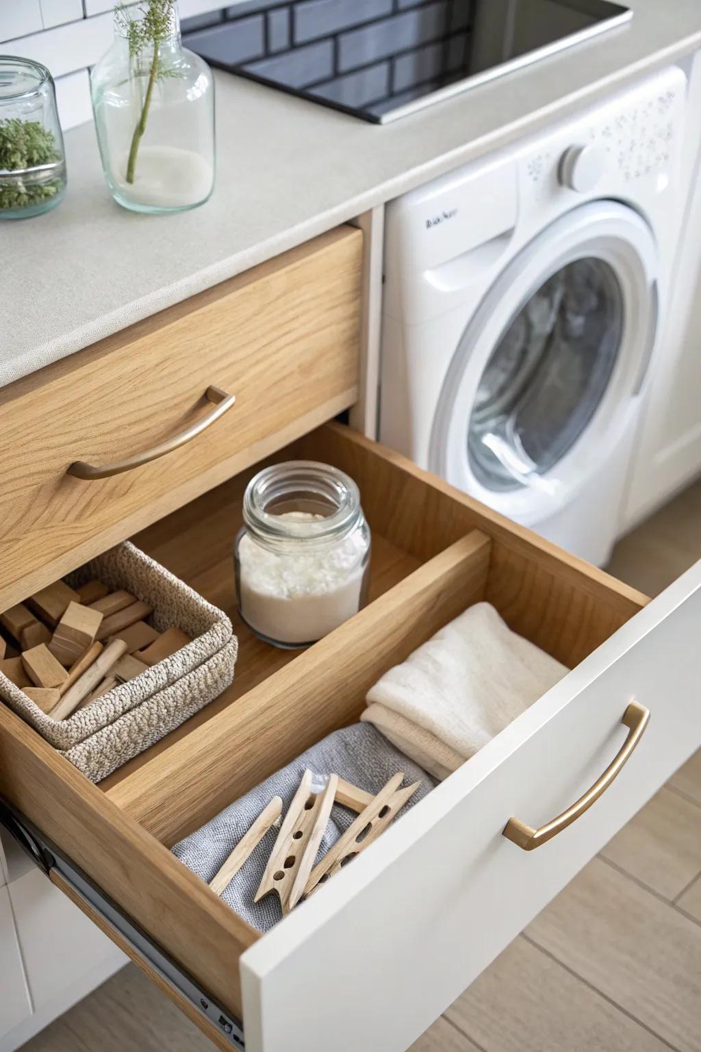 Deep drawer laundry cabinet: a calm, clutter-free home for all the small essentials.
