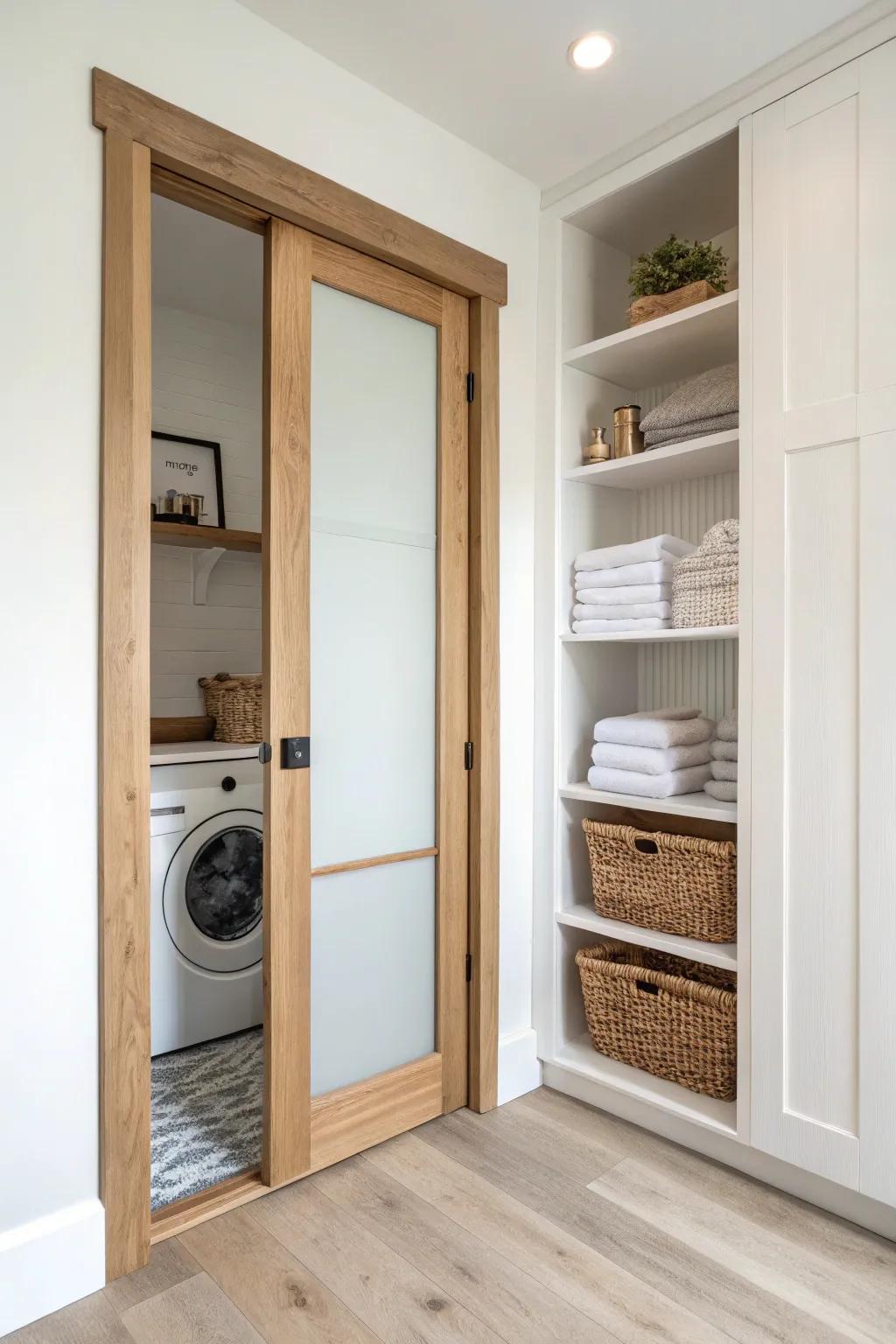 Frosted/reeded glass door: bright, calm, and clutter-forgiving for a small laundry closet.