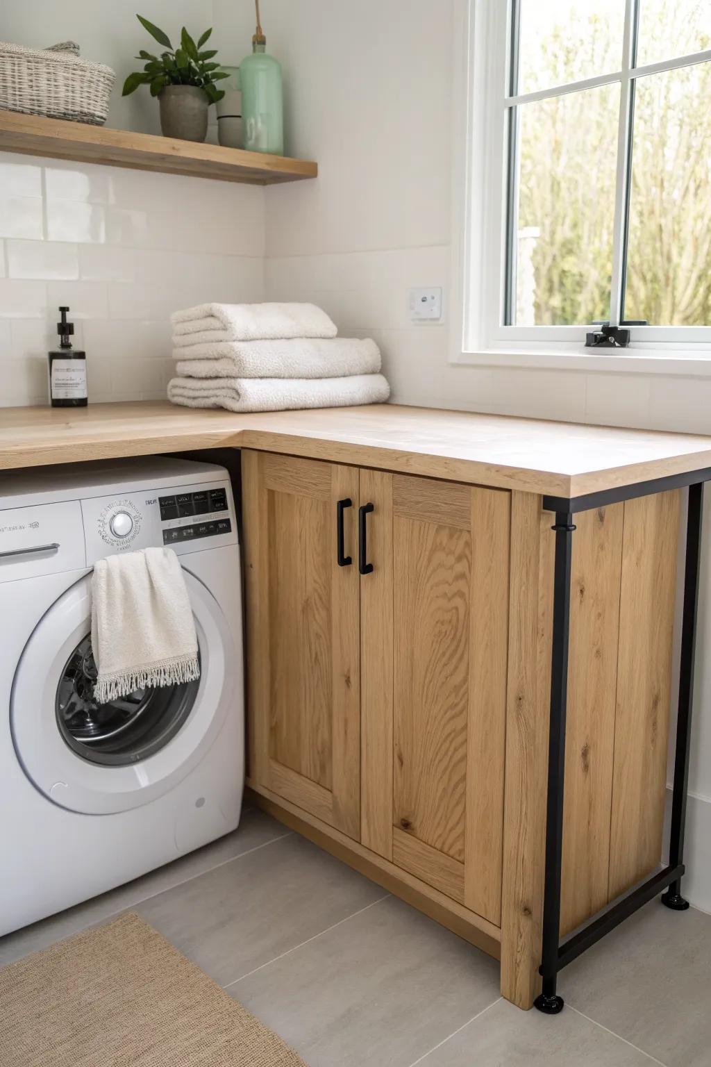 Make every inch count with an L-shaped corner folding counter for sorting and folding in one spot.